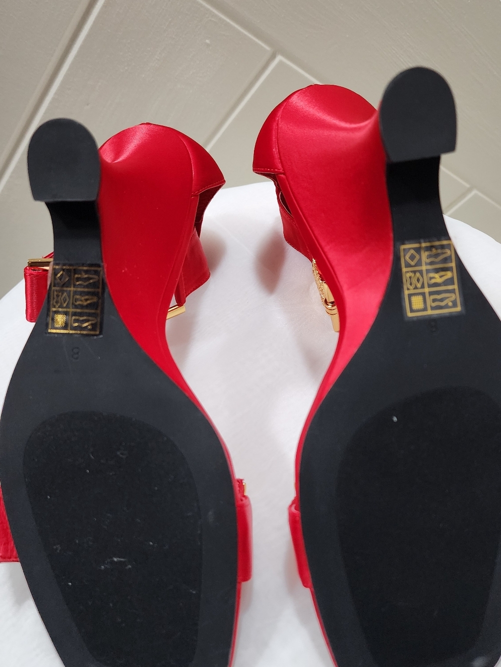 Jeffrey Campbell Red Satin Medallion Ankle-Strap Heels - Picture 6 of 6
